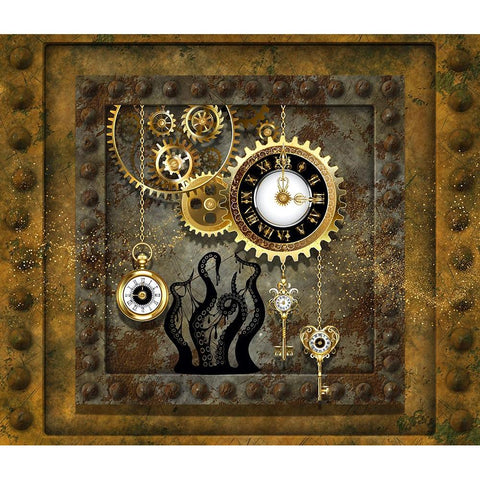 Steampunk Octopus Clockworks White Modern Wood Framed Art Print by Mitchell, Tina