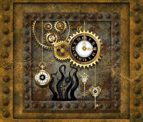 Steampunk Octopus Clockworks Black Ornate Wood Framed Art Print with Double Matting by Mitchell, Tina