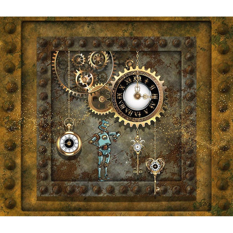 Steampunk Robot Clockworks Gold Ornate Wood Framed Art Print with Double Matting by Mitchell, Tina