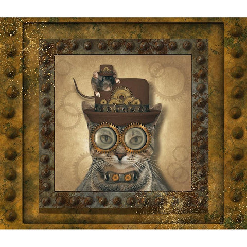 Steampunk Cat and Mouse White Modern Wood Framed Art Print by Mitchell, Tina