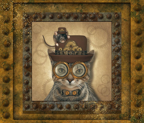 Steampunk Cat and Mouse Black Ornate Wood Framed Art Print with Double Matting by Mitchell, Tina