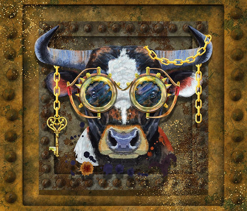 Steampunk Bull Black Ornate Wood Framed Art Print with Double Matting by Mitchell, Tina