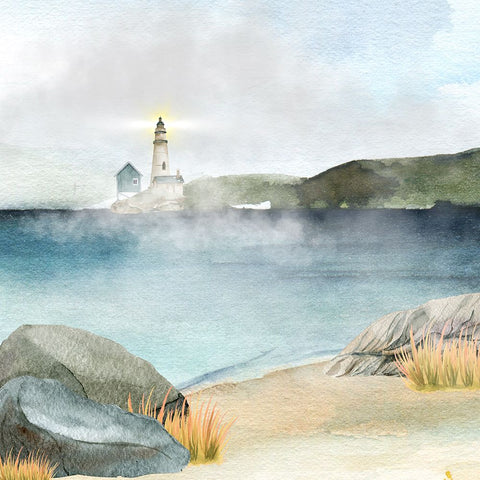 Lighthouse Fog White Modern Wood Framed Art Print with Double Matting by Mitchell, Tina