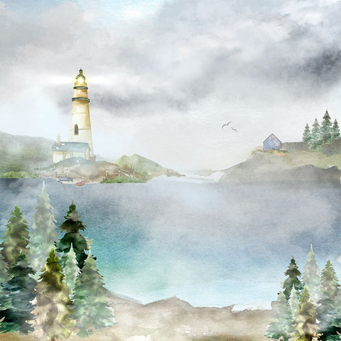 Lighthouse in the Pines Black Ornate Wood Framed Art Print with Double Matting by Mitchell, Tina