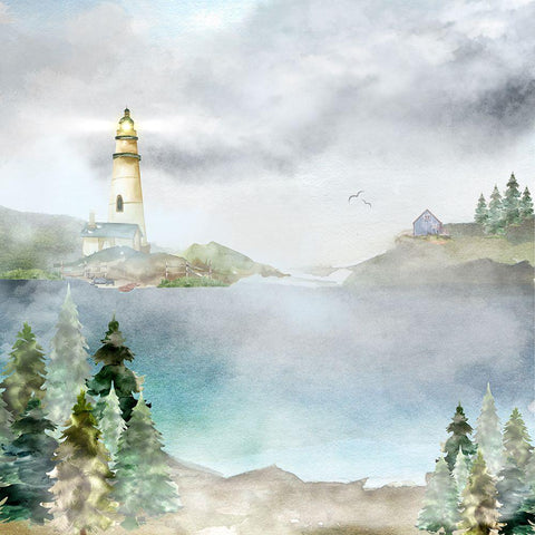 Lighthouse in the Pines Gold Ornate Wood Framed Art Print with Double Matting by Mitchell, Tina