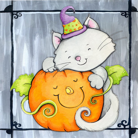 Pumpkin Hugs White Modern Wood Framed Art Print with Double Matting by Wade, Valarie