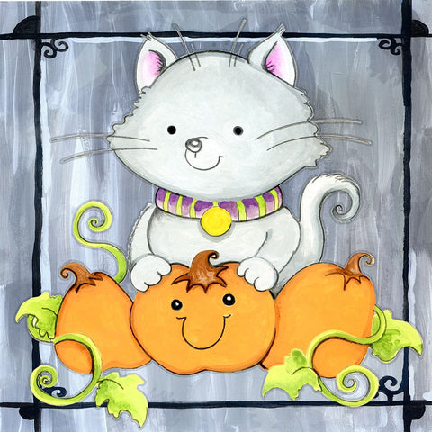 Pumpkins and Kitty 1 White Modern Wood Framed Art Print with Double Matting by Wade, Valarie