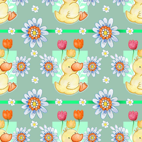 Duckie And Blue Flower Black Ornate Wood Framed Art Print with Double Matting by Wade, Valarie