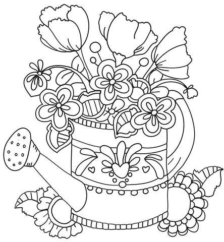 Watering Can Line Art Black Ornate Wood Framed Art Print with Double Matting by Wade, Valarie