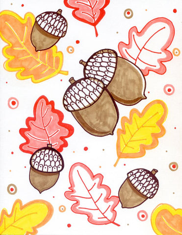 Acorn Rain White Modern Wood Framed Art Print with Double Matting by Wade, Valarie