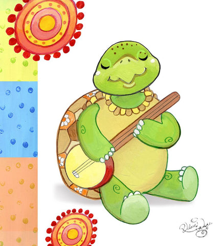 Turtles Banjo White Modern Wood Framed Art Print with Double Matting by Wade, Valarie