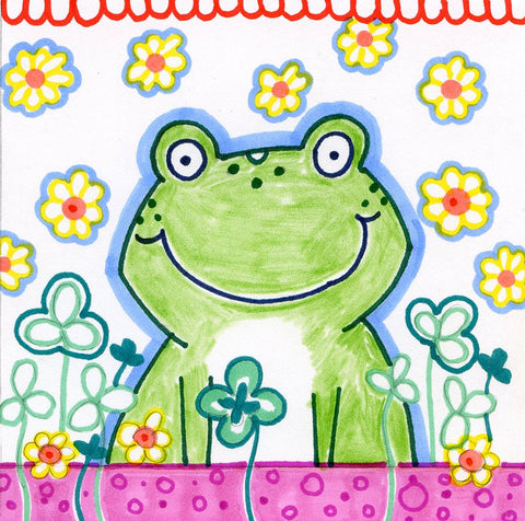 Frog In Clover White Modern Wood Framed Art Print with Double Matting by Wade, Valarie