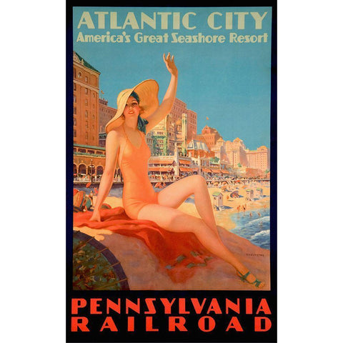 Atlantic City Bathing Pa Line Gold Ornate Wood Framed Art Print with Double Matting by Vintage Apple Collection