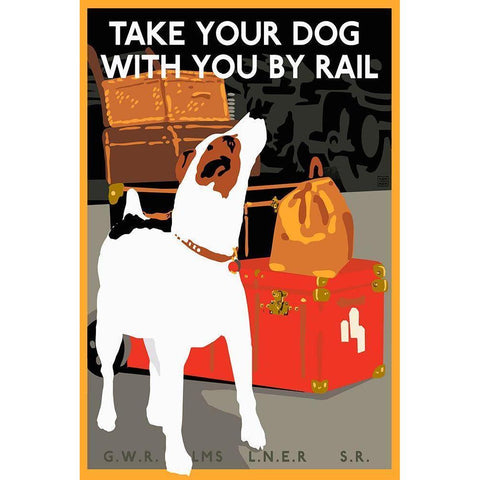 Dog by Rail Black Modern Wood Framed Art Print by Vintage Apple Collection