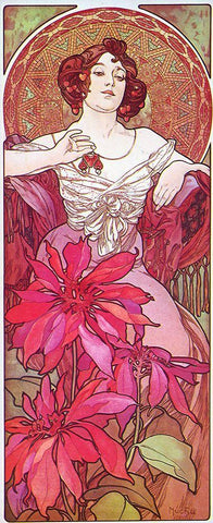 Mucha Ruby Black Ornate Wood Framed Art Print with Double Matting by Vintage Apple Collection