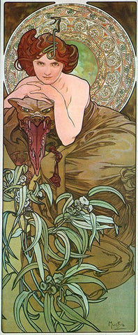 Mucha Emeraude Black Ornate Wood Framed Art Print with Double Matting by Vintage Apple Collection