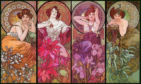 Mucha Topaz Ruby Amethyst Emeraude Black Ornate Wood Framed Art Print with Double Matting by Vintage Apple Collection