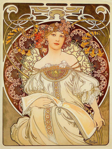 Mucha Reverie Black Ornate Wood Framed Art Print with Double Matting by Vintage Apple Collection