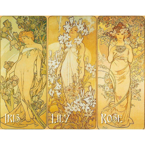 Mucha Iris Lily Rose Gold Ornate Wood Framed Art Print with Double Matting by Vintage Apple Collection