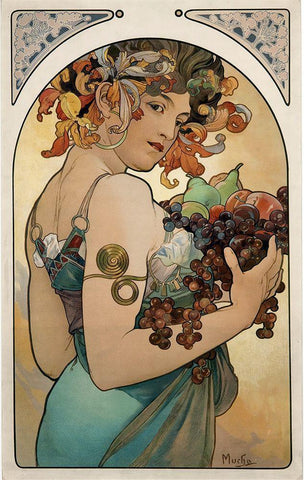 Mucha Fruit Panel Black Ornate Wood Framed Art Print with Double Matting by Vintage Apple Collection