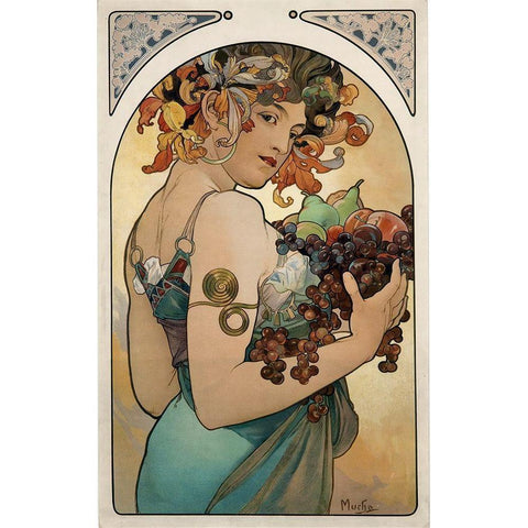 Mucha Fruit Panel Gold Ornate Wood Framed Art Print with Double Matting by Vintage Apple Collection