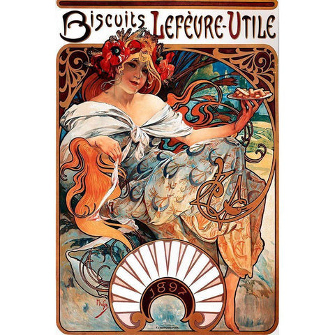 Mucha Biscuits Lefevre-Utile Gold Ornate Wood Framed Art Print with Double Matting by Vintage Apple Collection