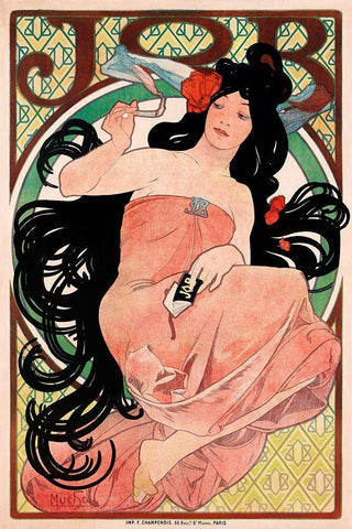 Mucha Job Black Ornate Wood Framed Art Print with Double Matting by Vintage Apple Collection