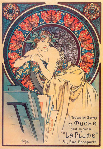 Mucha La Plume White Modern Wood Framed Art Print with Double Matting by Vintage Apple Collection