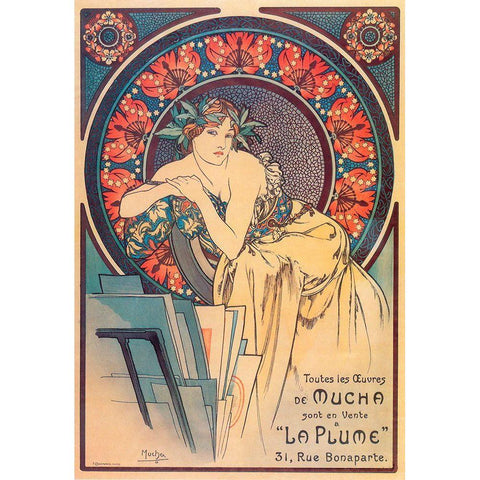 Mucha La Plume Gold Ornate Wood Framed Art Print with Double Matting by Vintage Apple Collection