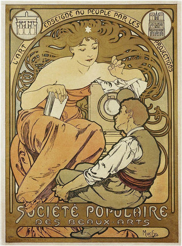 Mucha Societe Populaire White Modern Wood Framed Art Print with Double Matting by Vintage Apple Collection