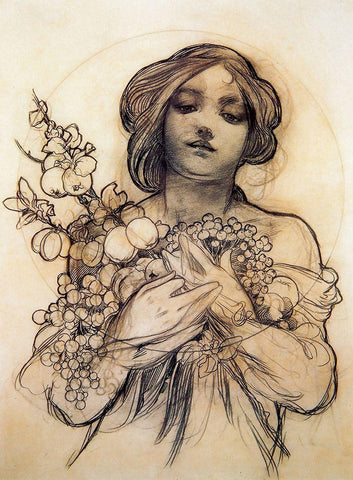 Mucha Study of Woman with Fruit White Modern Wood Framed Art Print with Double Matting by Vintage Apple Collection