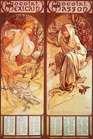 Mucha Chocolat Panels White Modern Wood Framed Art Print with Double Matting by Vintage Apple Collection