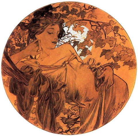 Mucha Autumn Medallion White Modern Wood Framed Art Print with Double Matting by Vintage Apple Collection