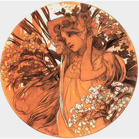 Mucha Spring Medallion Gold Ornate Wood Framed Art Print with Double Matting by Vintage Apple Collection