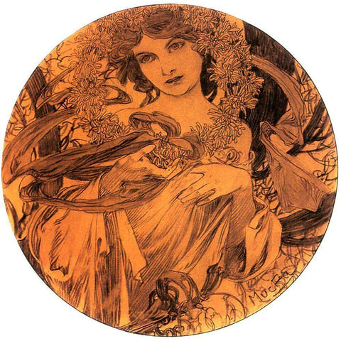 Mucha Summer Medallion Black Modern Wood Framed Art Print with Double Matting by Vintage Apple Collection