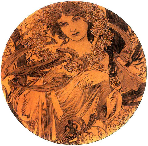 Mucha Summer Medallion White Modern Wood Framed Art Print with Double Matting by Vintage Apple Collection