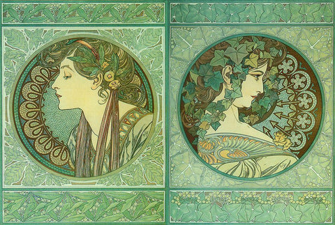 Mucha Green Medallions White Modern Wood Framed Art Print with Double Matting by Vintage Apple Collection