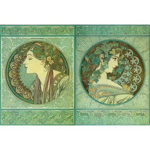 Mucha Green Medallions White Modern Wood Framed Art Print by Vintage Apple Collection