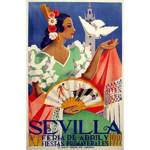 Sevilla 1922 Black Modern Wood Framed Art Print with Double Matting by Vintage Apple Collection