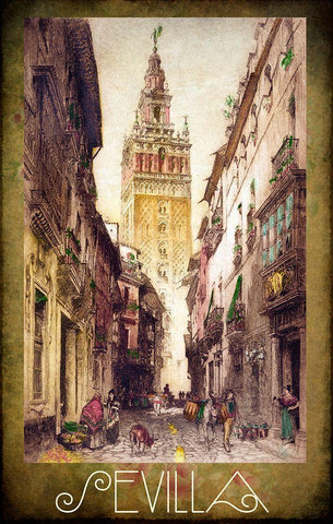 Sevilla Street Scene White Modern Wood Framed Art Print with Double Matting by Vintage Apple Collection