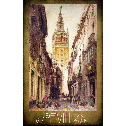 Sevilla Street Scene Black Modern Wood Framed Art Print with Double Matting by Vintage Apple Collection