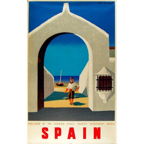 Spain Fisherman Black Modern Wood Framed Art Print by Vintage Apple Collection