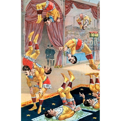 Seven Acrobats White Modern Wood Framed Art Print by Vintage Apple Collection