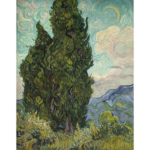 Van Gogh-Cypresses White Modern Wood Framed Art Print by Vintage Apple Collection