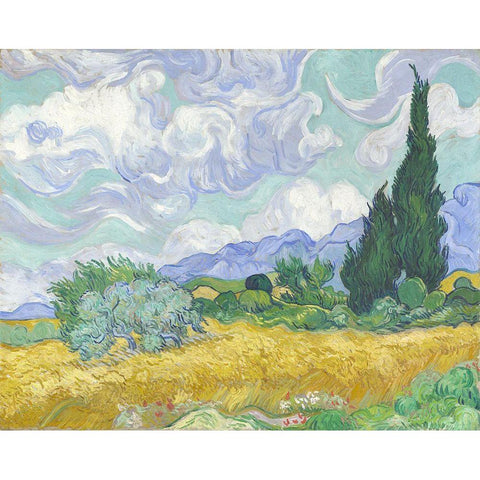 Van Gogh-Wheatfield with Cypress White Modern Wood Framed Art Print by Vintage Apple Collection