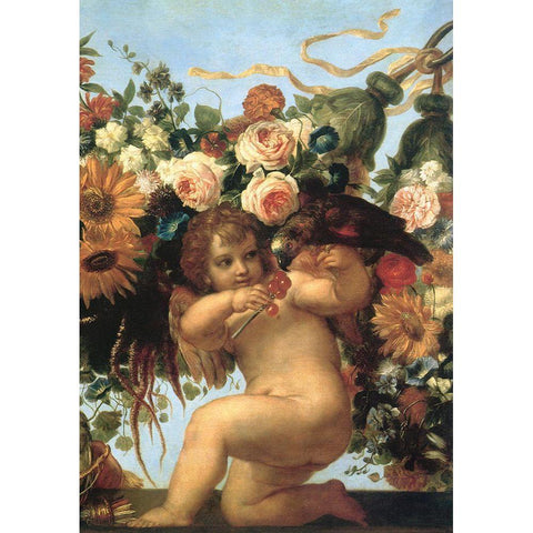 Cherub And Parrot Gold Ornate Wood Framed Art Print with Double Matting by Vintage Apple Collection