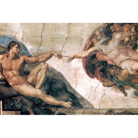 Michelangelo-Creation of man White Modern Wood Framed Art Print by Vintage Apple Collection