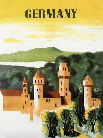 Germany Castle Vint Trav White Modern Wood Framed Art Print with Double Matting by Vintage Apple Collection