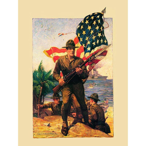 Mural Flag Marines White Modern Wood Framed Art Print by Vintage Apple Collection