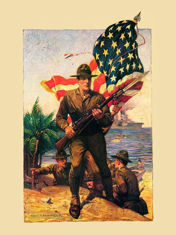 Mural Flag Marines Black Ornate Wood Framed Art Print with Double Matting by Vintage Apple Collection